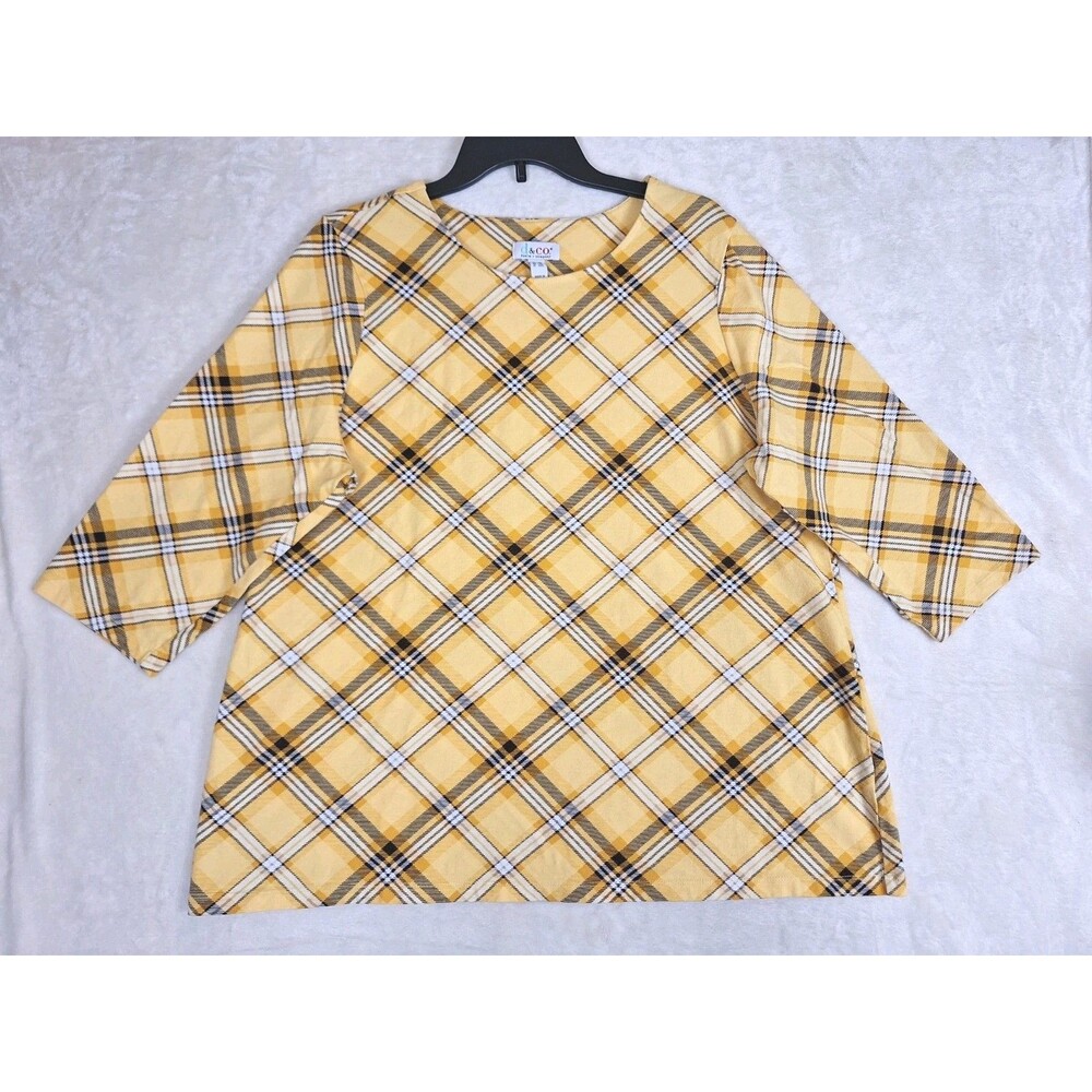 Denim & Co Womens Top Size 1X Plaid Yellow Print 3/4 Sleeve Cotton Stretch
